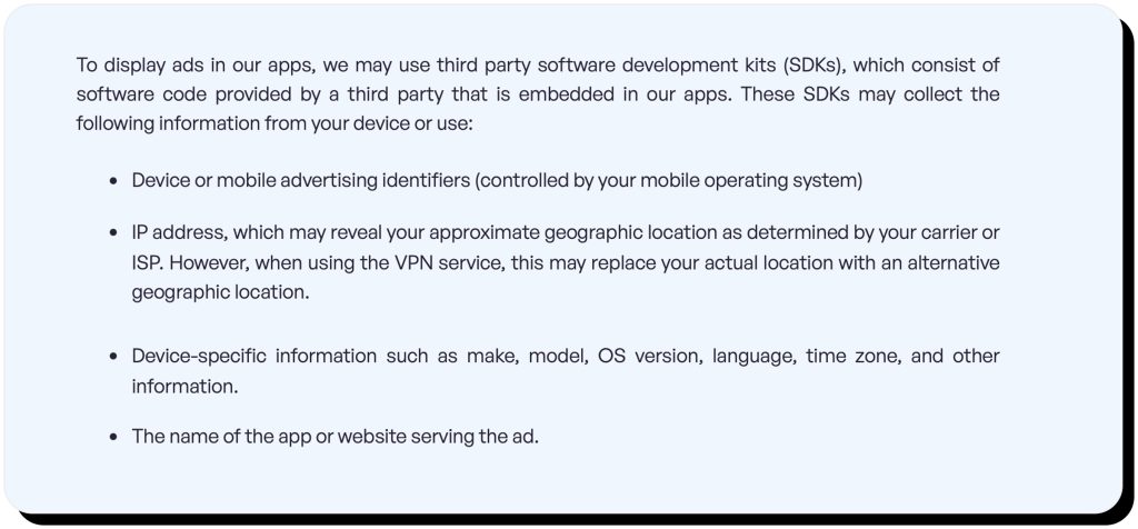 VPN Super Unlimited Proxy Privacy Notice describes how they use SDKs